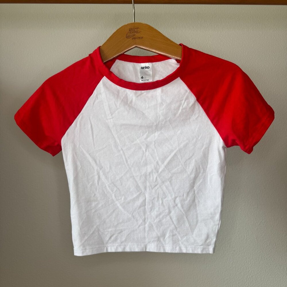 Red White Stretch Baby Tee • Size 6 • Y2K Baseball Top • Fitted • Anko